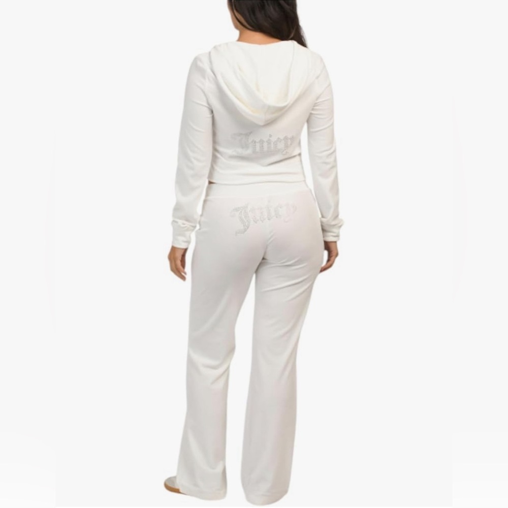 Juicy Couture White Rhinestone Logo Velour Tracksuit - 2-Piece Hoodie & Pants